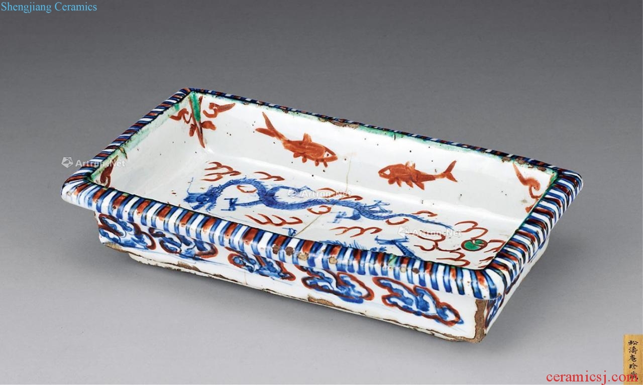 Ming Blue and white five dragon grain rectangular plate