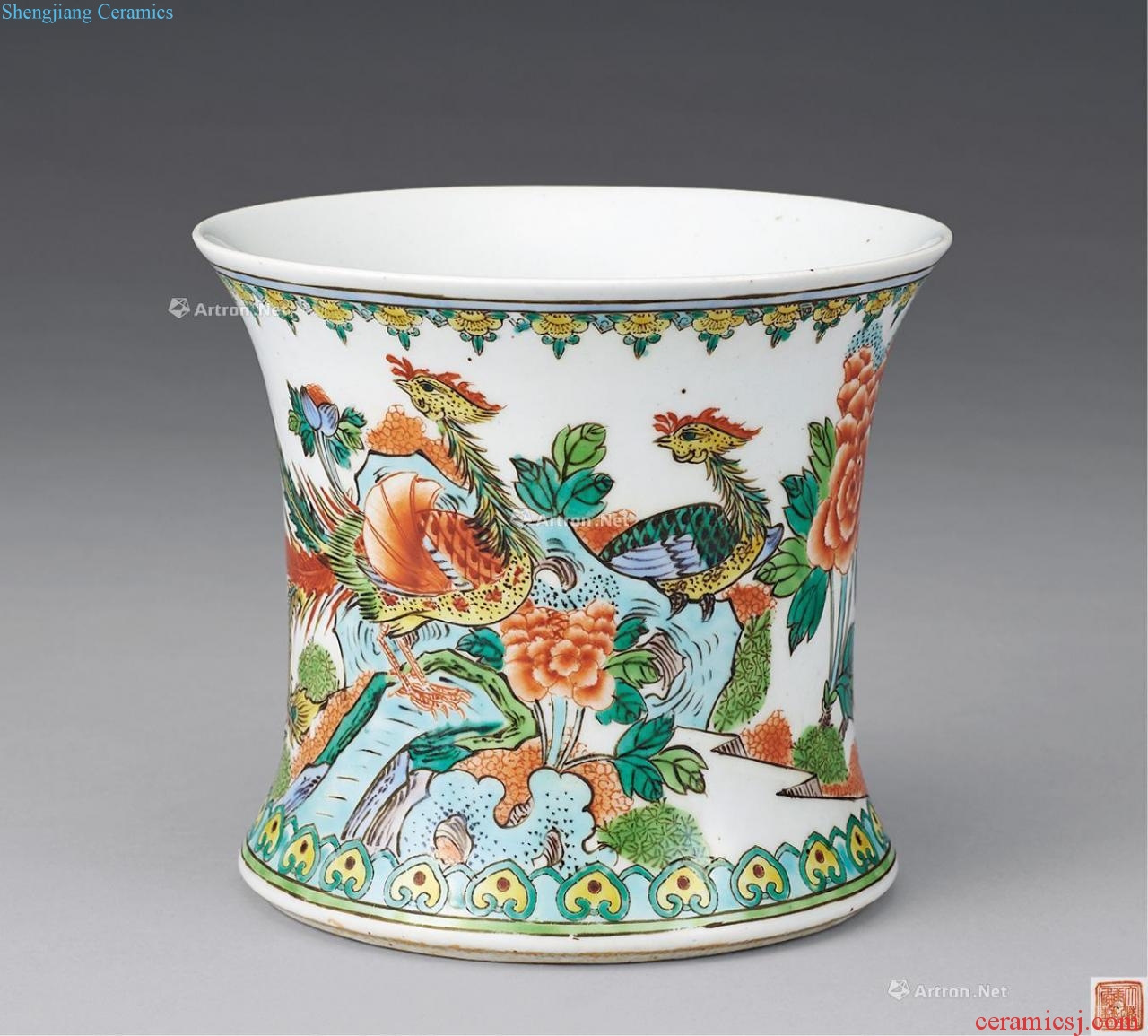 In late qing dynasty Imitation of kangxi colorful birds pay homage to the king brush pot