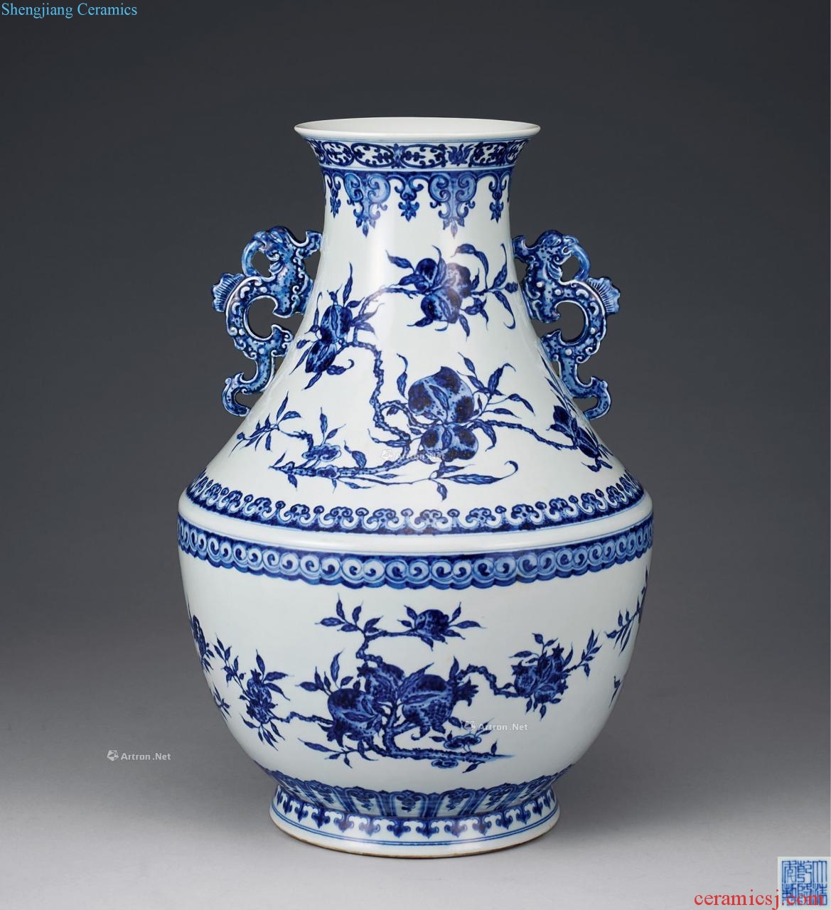 qing Blue and white peach vase with a company