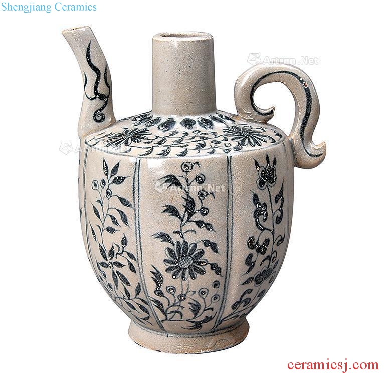 Yuan, Ming Magnetic state kiln of blue and white flower grain ewer melon leng fold branches