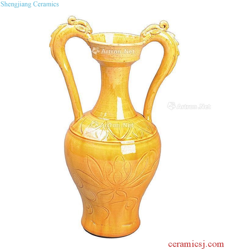 Liao yellow glazed carved lotus ssangyong dish pot