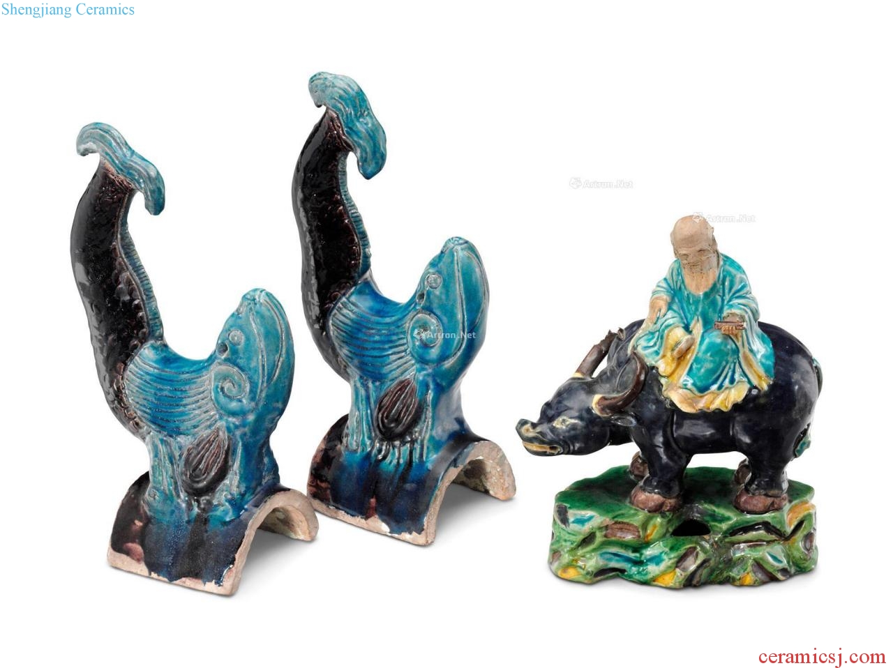 Ming or after Fish type tile pair and Lao tze like a statue