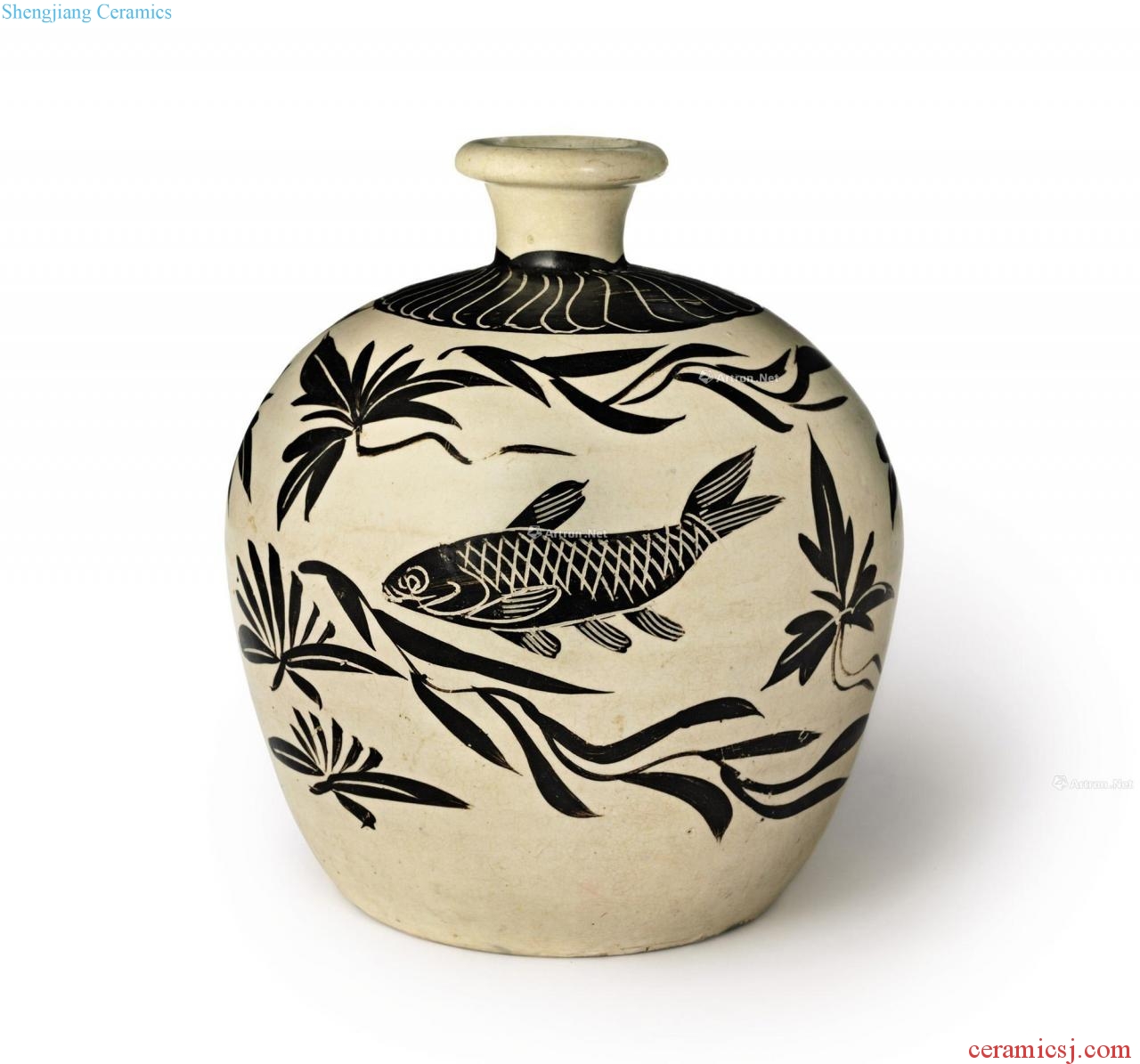 Northern song dynasty/gold magnetic state kiln white ground black flower fish grain small mouth bottles