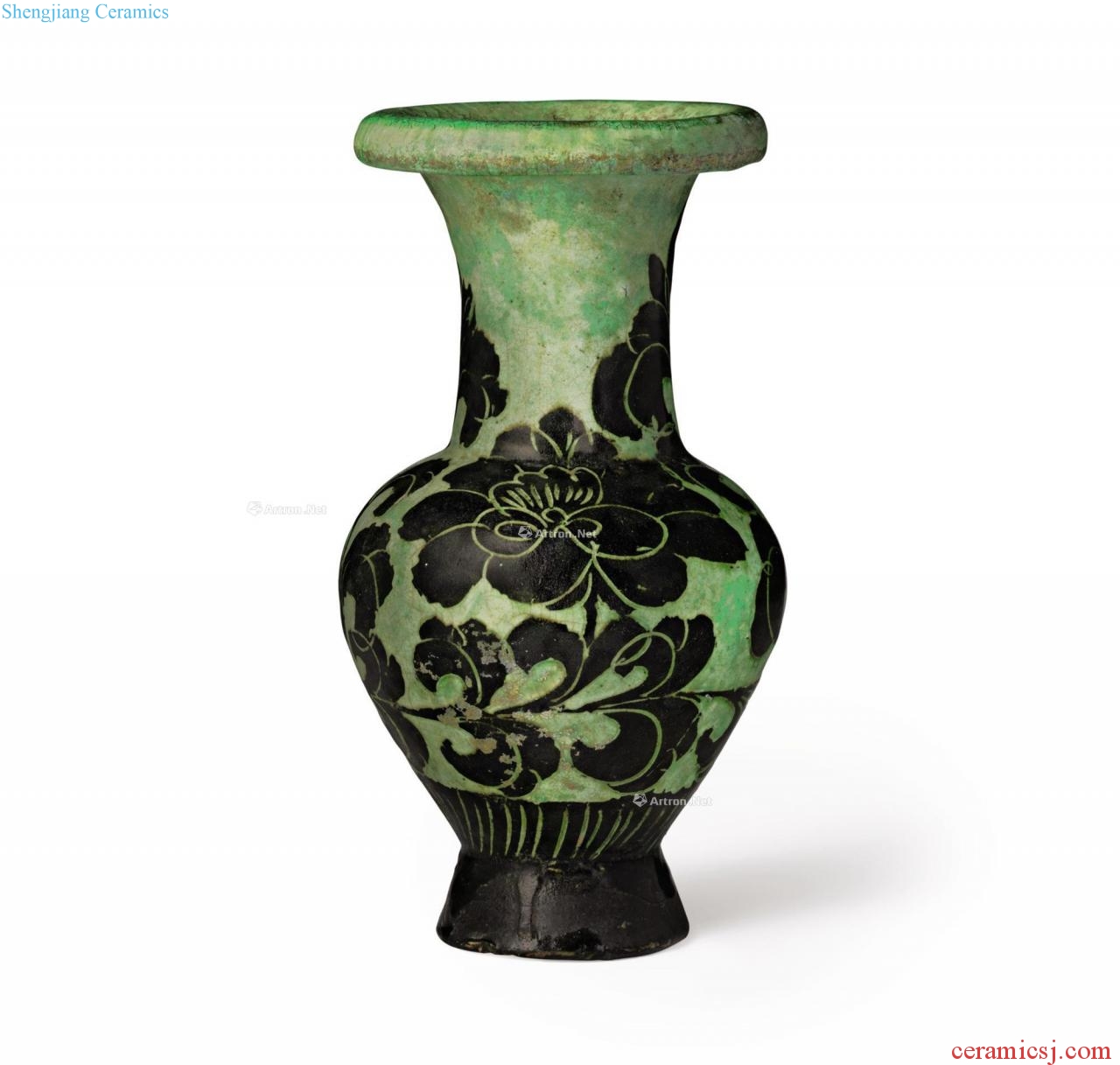 Northern song dynasty/gold Magnetic state kiln green glaze black carved flower peony grains bottles