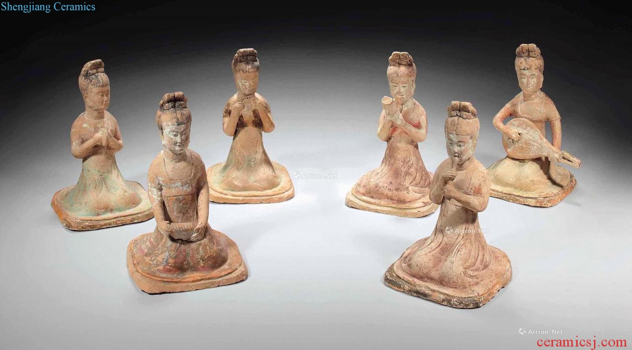The tang dynasty (618-907), A GROUP OF SIX made POTTERY FIGURES OF SEATED FEMALE MUSICIANS