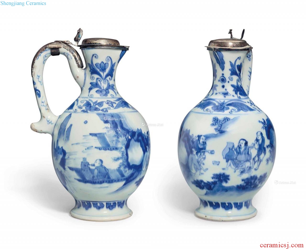 Chongzhen period (1628-1644), A BLUE AND WHITE EWER WITH SILVER MOUNTS