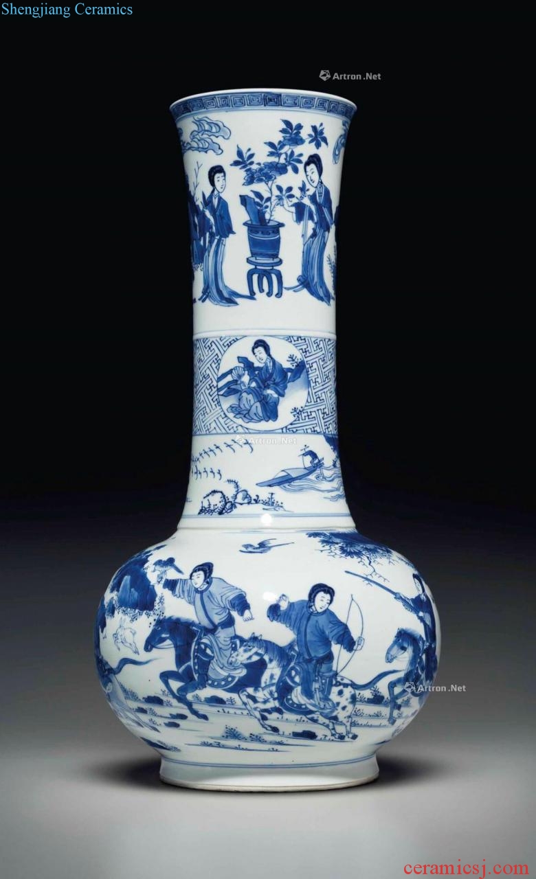 Kangxi (1662-1722), A RARE BLUE AND WHITE 'HUNTING SCENE' BOTTLE VASE