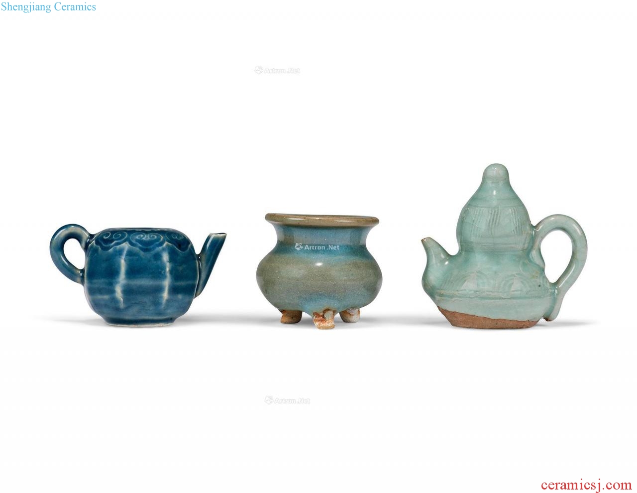 Ming Jun glaze three-legged furnace, green glazed POTS and blue glaze teapot (a group of three)