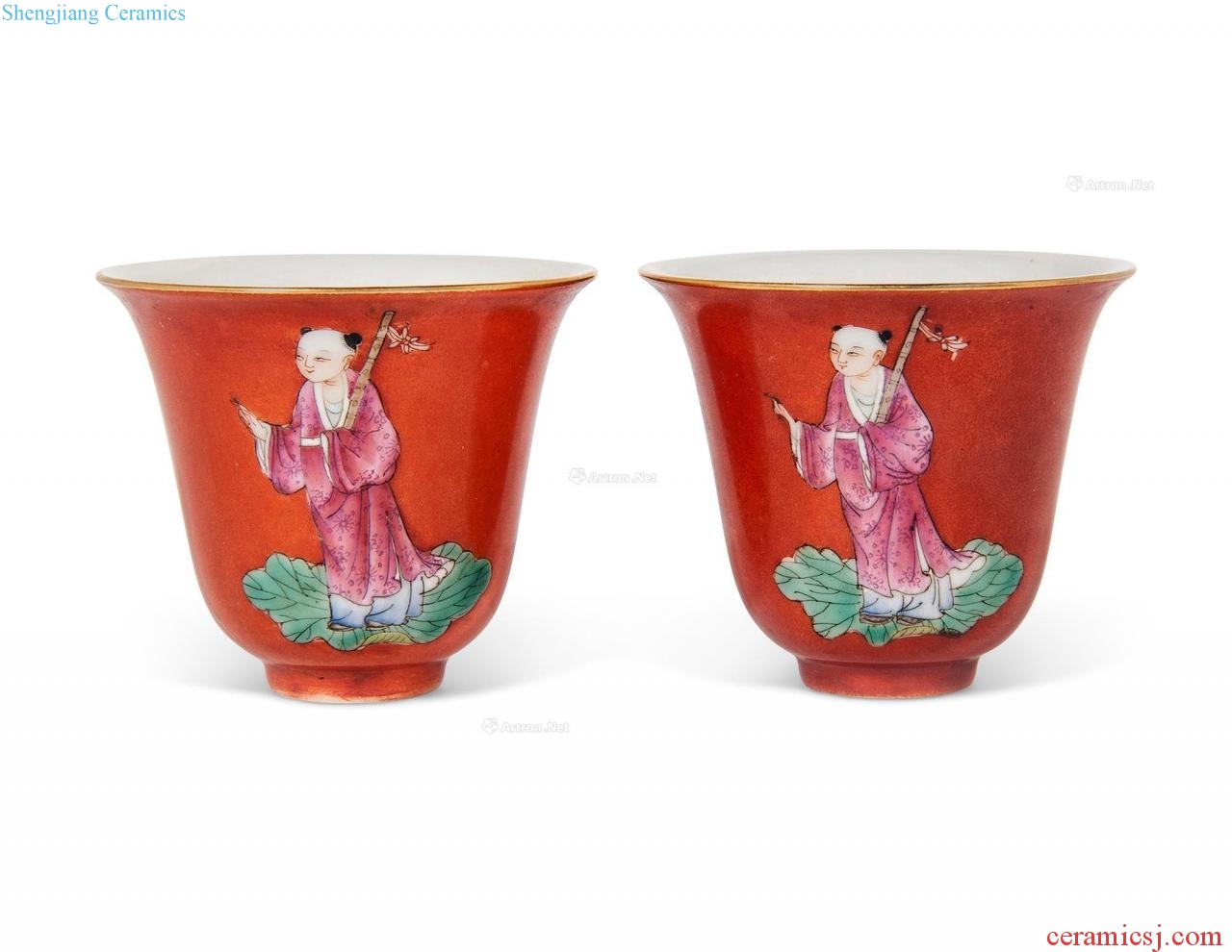 Qing 19th century pastel alum red to immortal figure small cup (a)
