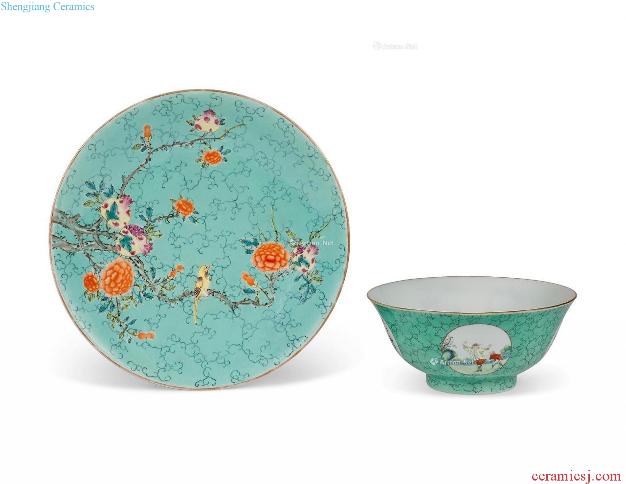 Pastel imitation qing 19/20 century turquoise glazed medallion character figure bowl