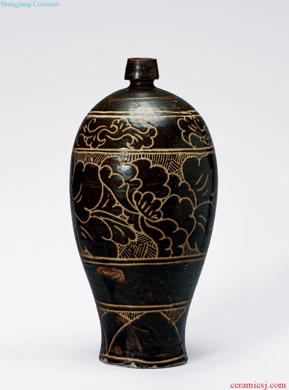 Stuck between yuan (1279-1368), the black glaze cut peony grains may bottle