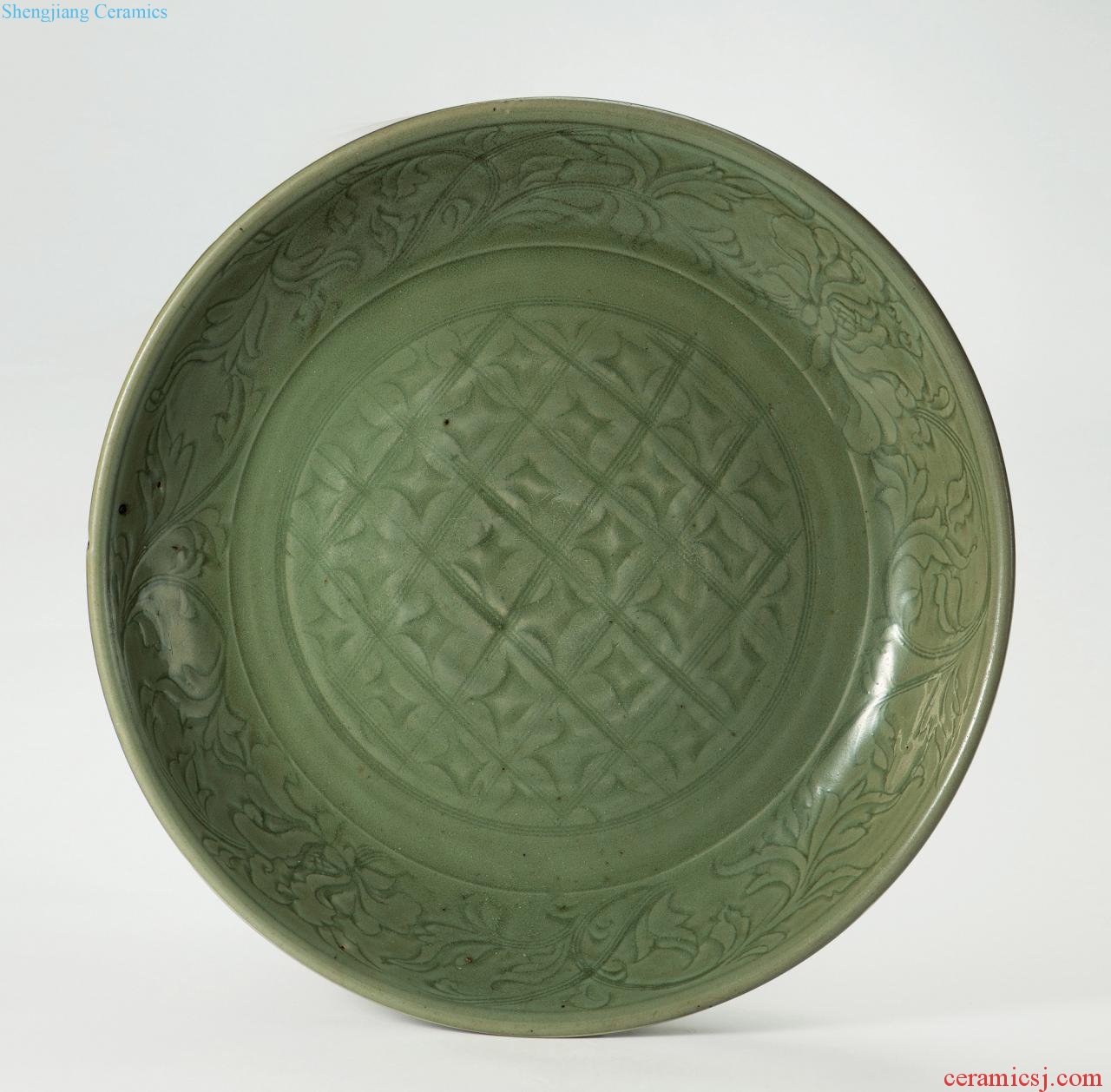 Ming Longquan celadon green glaze printed checkered pattern carved flower grain market