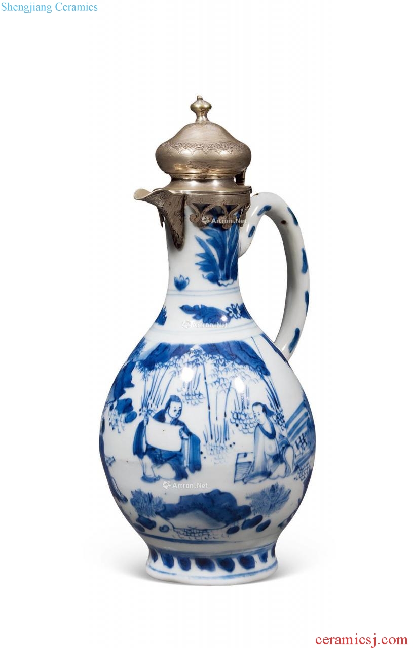 Ming chongzhen Blue and white lines ewer characters