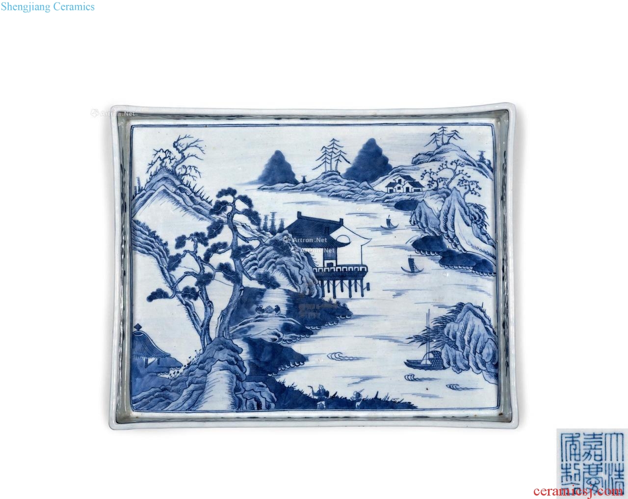 Qing jiaqing Blue and white landscape character grain tea tray