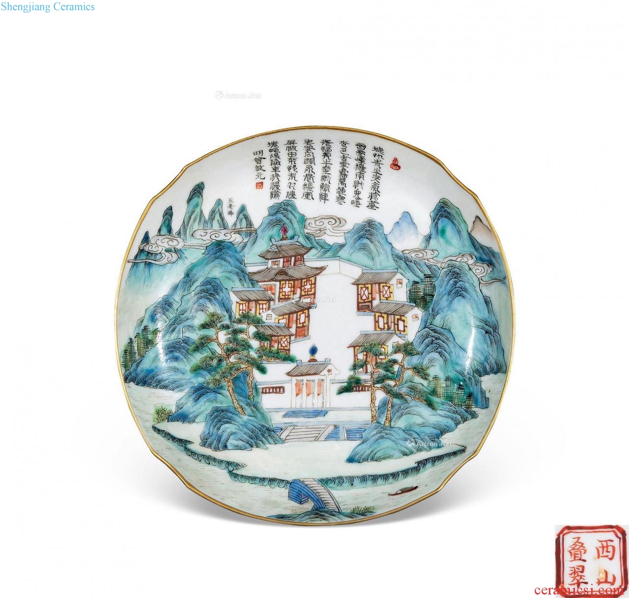 Mid qing pastel "xishan chuandao figure four Angle plate