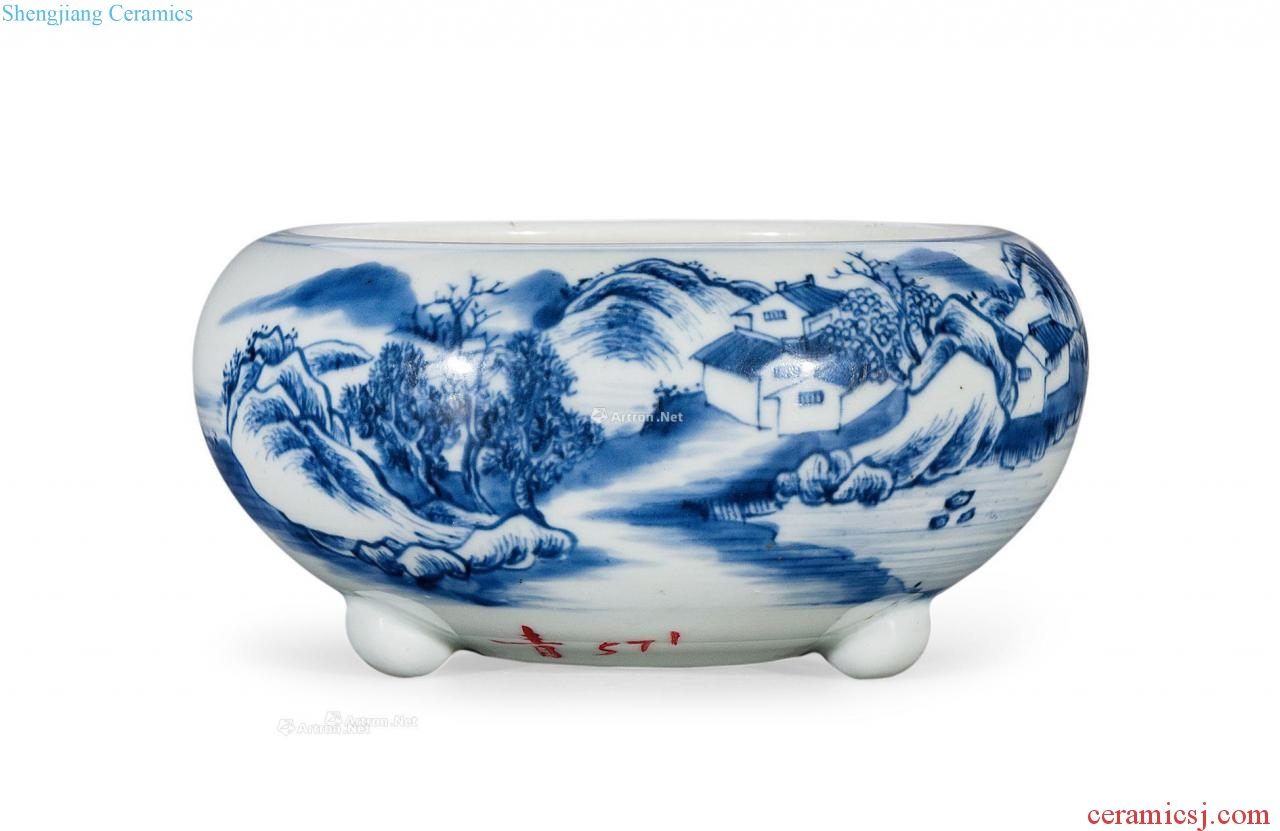 The qing emperor kangxi Blue and white landscape grain furnace with three legs