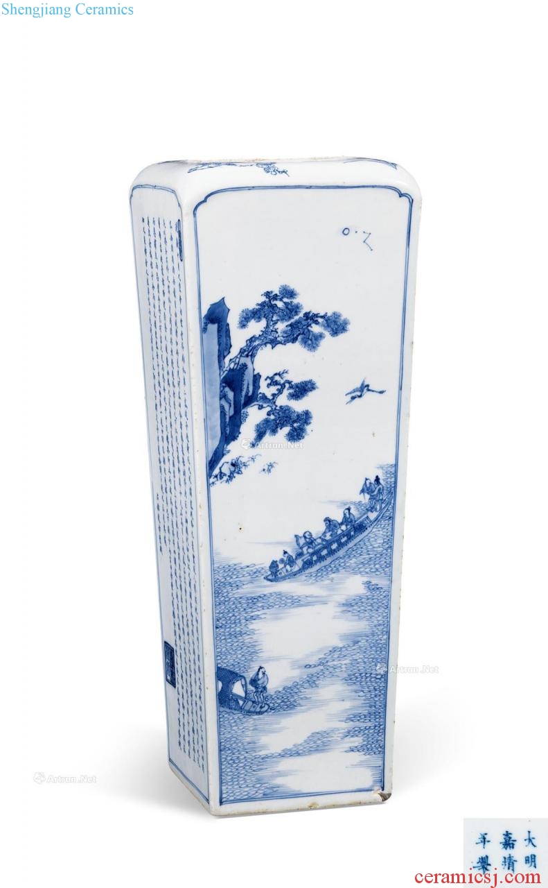 Blue and white landscape sense grain square bottle of the reign of emperor kangxi