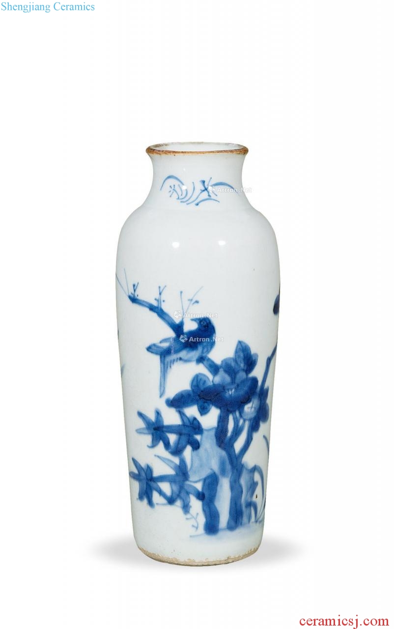 Qing shunzhi Blue and white flower on grain tube bottles