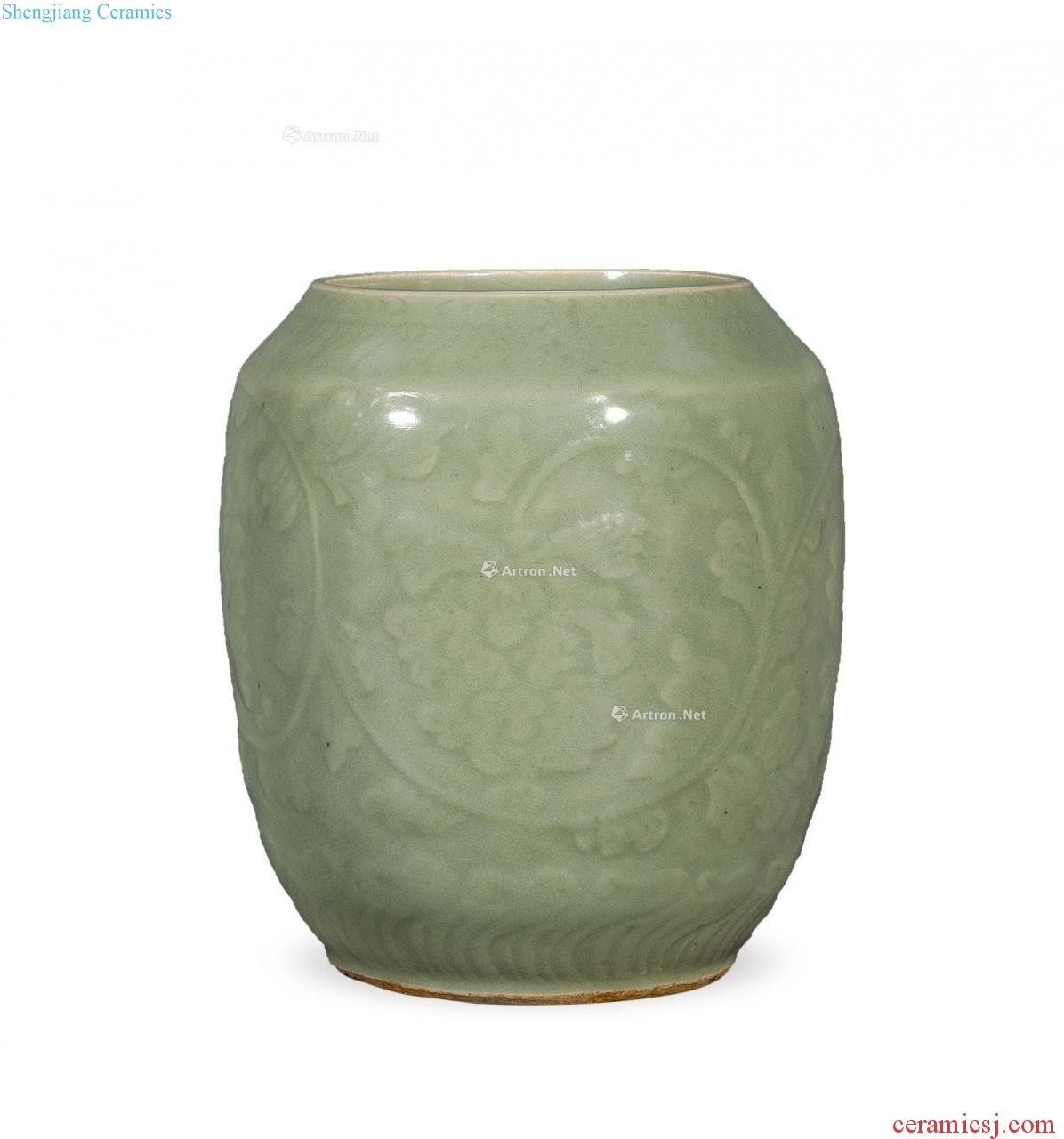 Early Ming dynasty Longquan celadon printing peony grain tank