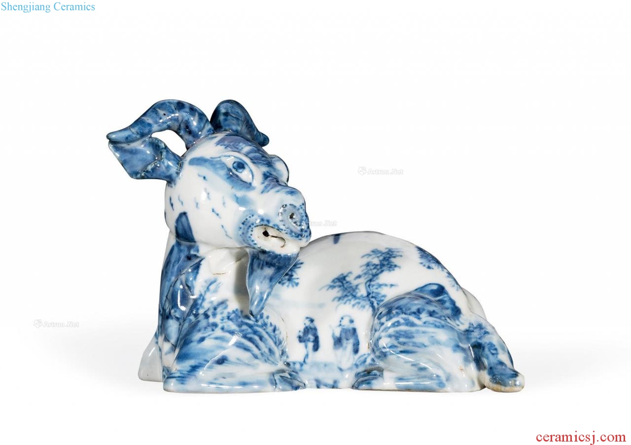 qing Blue and white landscape figure porcelain sheep