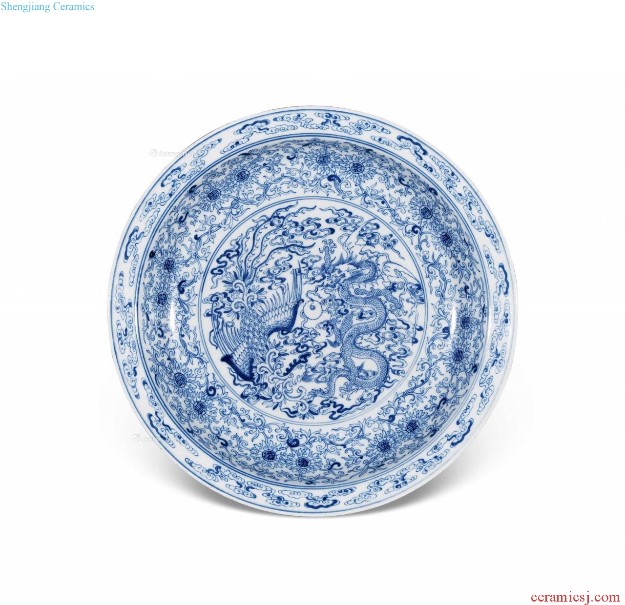 qing Blue and white longfeng grain fold along the basin