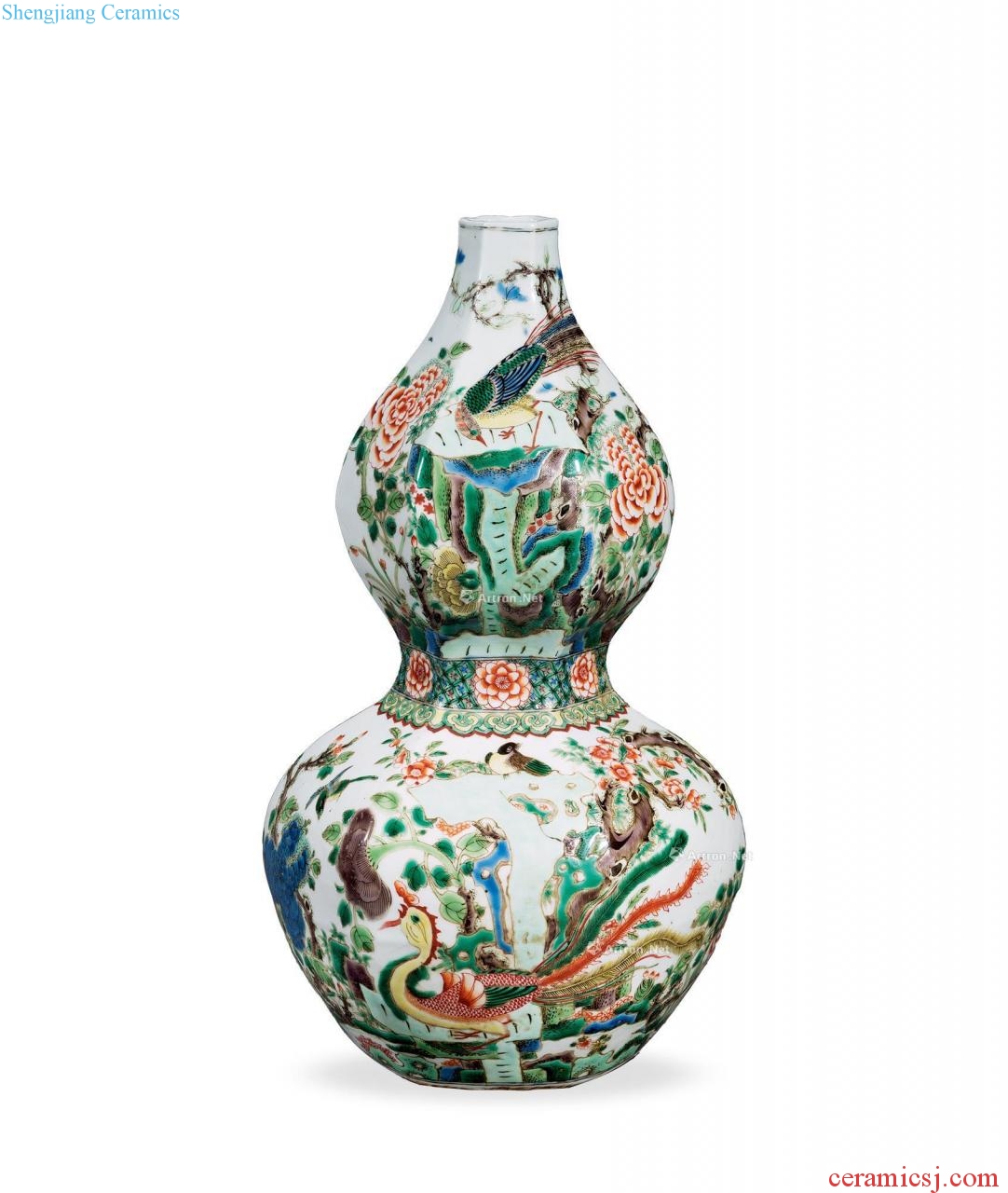 qing Colorful flowers and birds lines 8 square bottle gourd