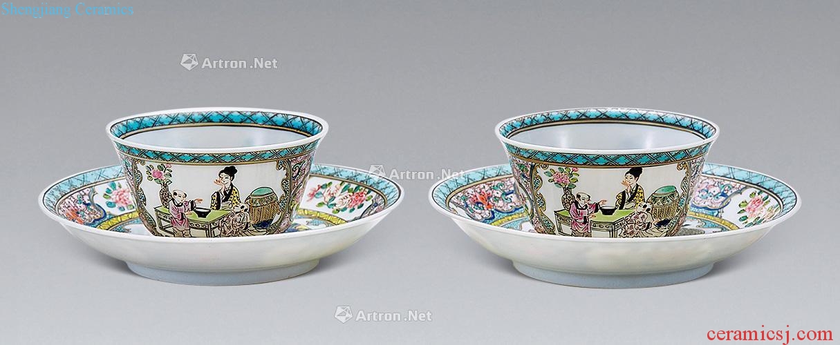 Pastel characters cups and saucers in the qing dynasty (2 sets)