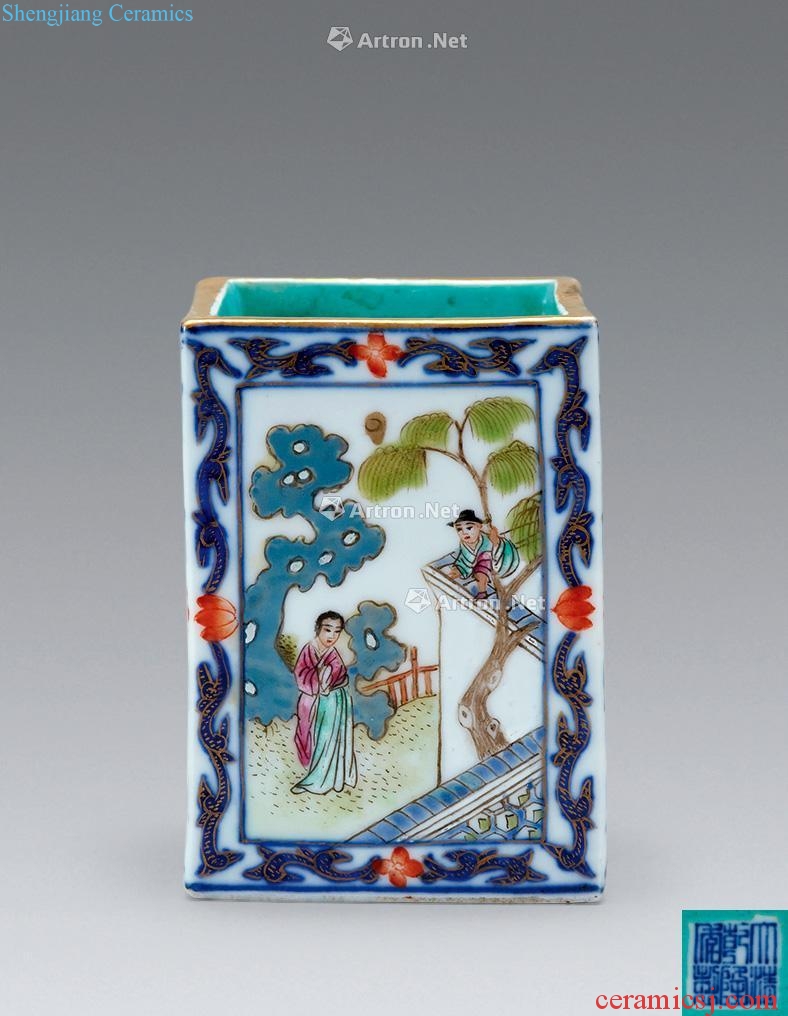 Qianlong square brush pot blue and white enamel characters