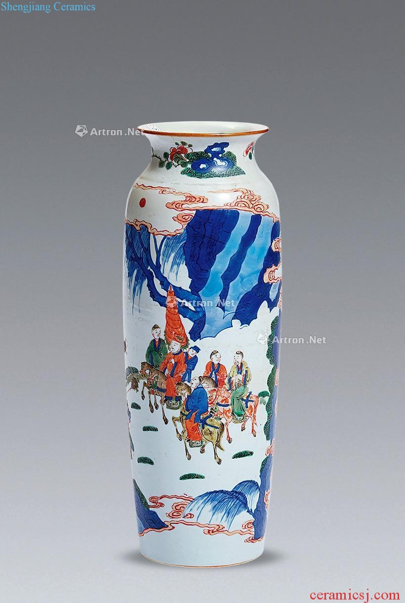 In the qing dynasty Blue and white cylinder bottles of colorful characters