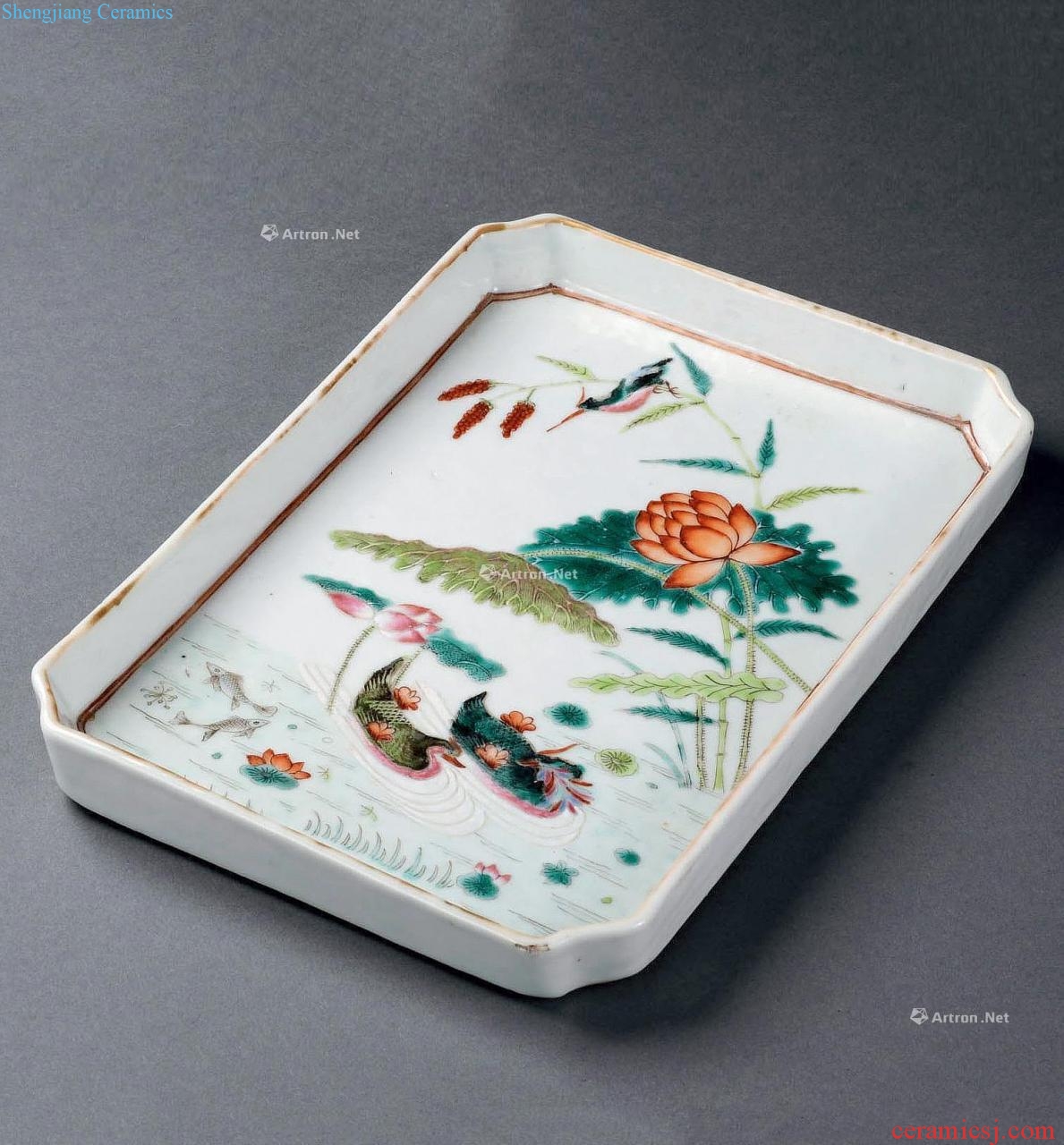 Pastel lotus waterfowl reign of qing emperor guangxu grain Angle plate
