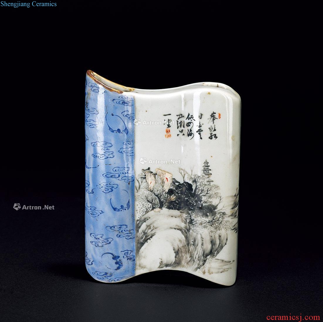 Qing qianlong ink painting landscape poetry cloud bat grain scroll wall of bottles