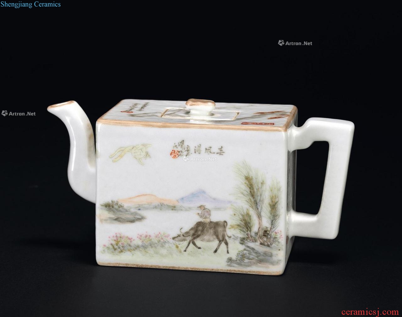 Qing luo valley of jiyang painting color light purple cattle landscape figure teapot