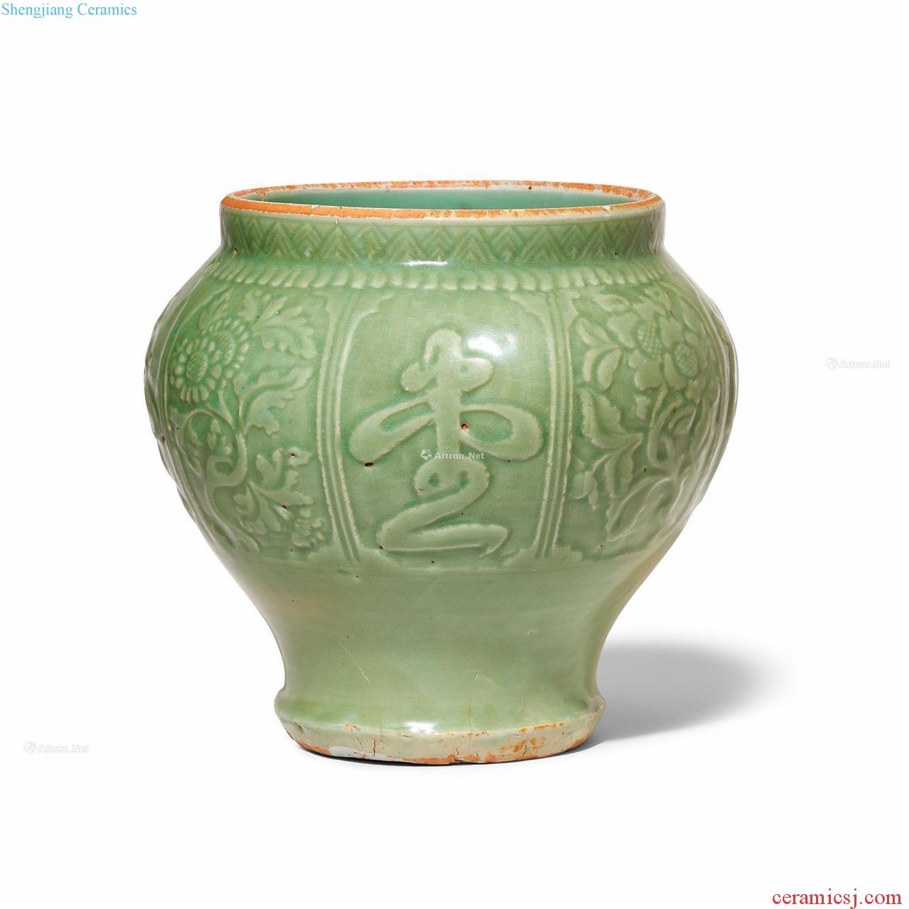 Yuan/Ming Longquan celadon green glaze dark carved flowers lines and cans