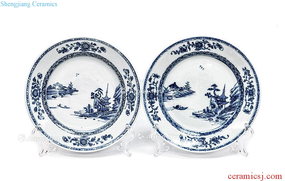 qing Blue and white landscape attic plate (a)