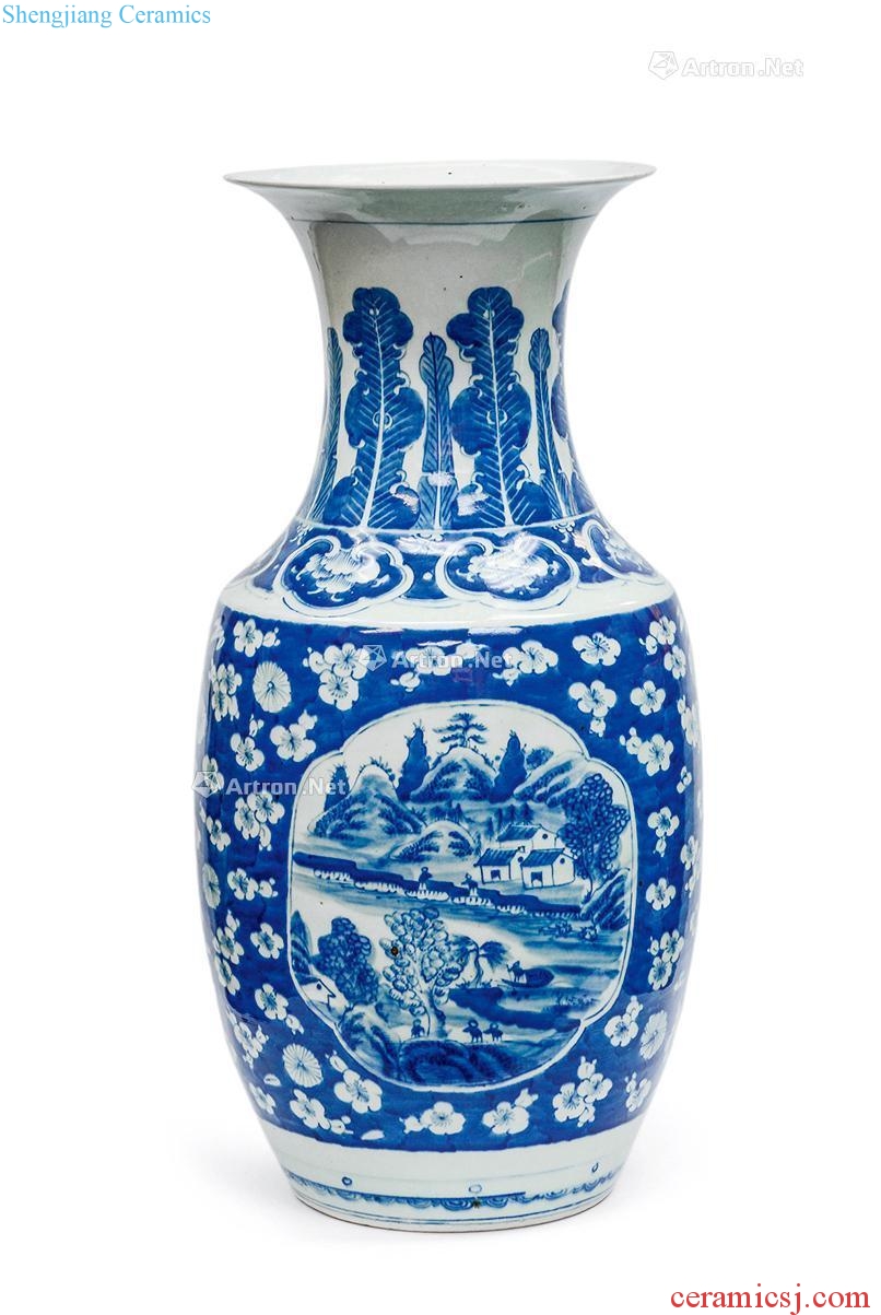 qing Blue and white landscape pattern ice plum bottle