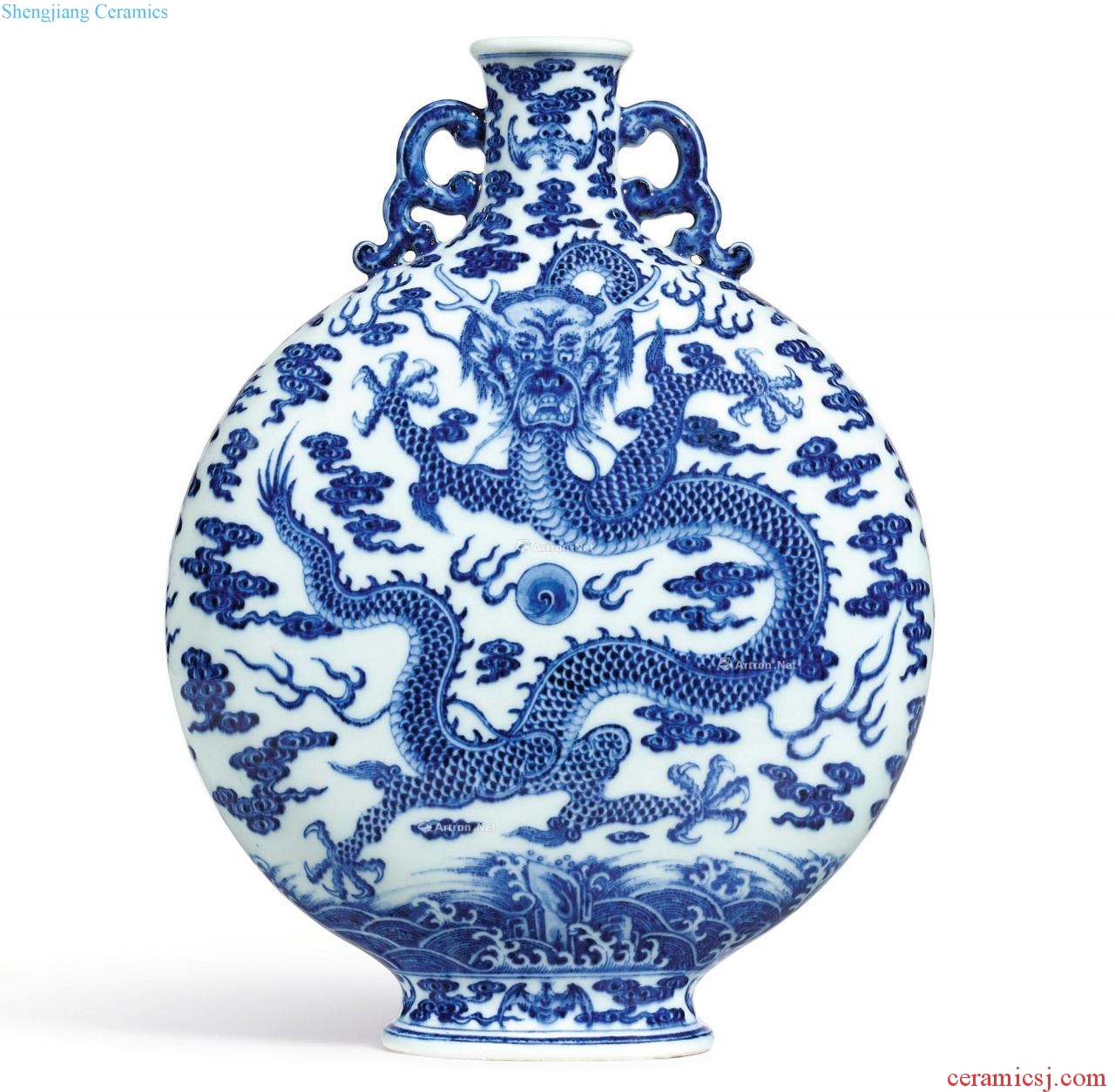 Qing qianlong Blue and white dragon play pearl grain longnu ear flat pot