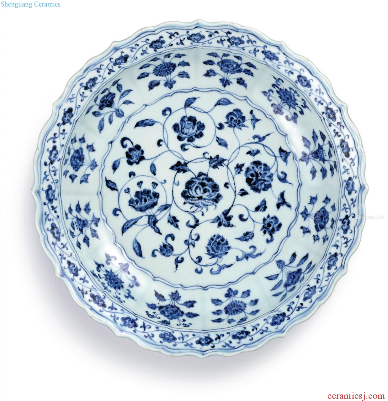 Ming yongle Blue and white flowers wen ling mouth fold along the plate