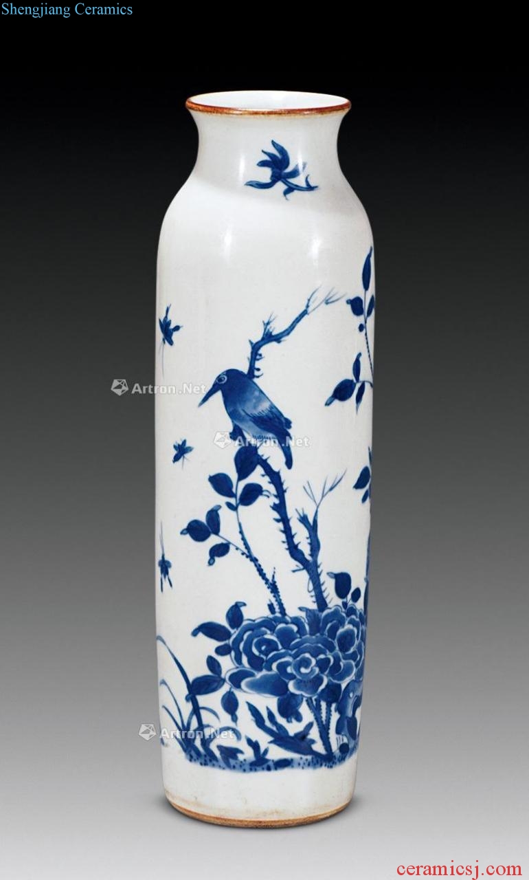 Qing shunzhi Blue and white flowers and birds landau tube bottles