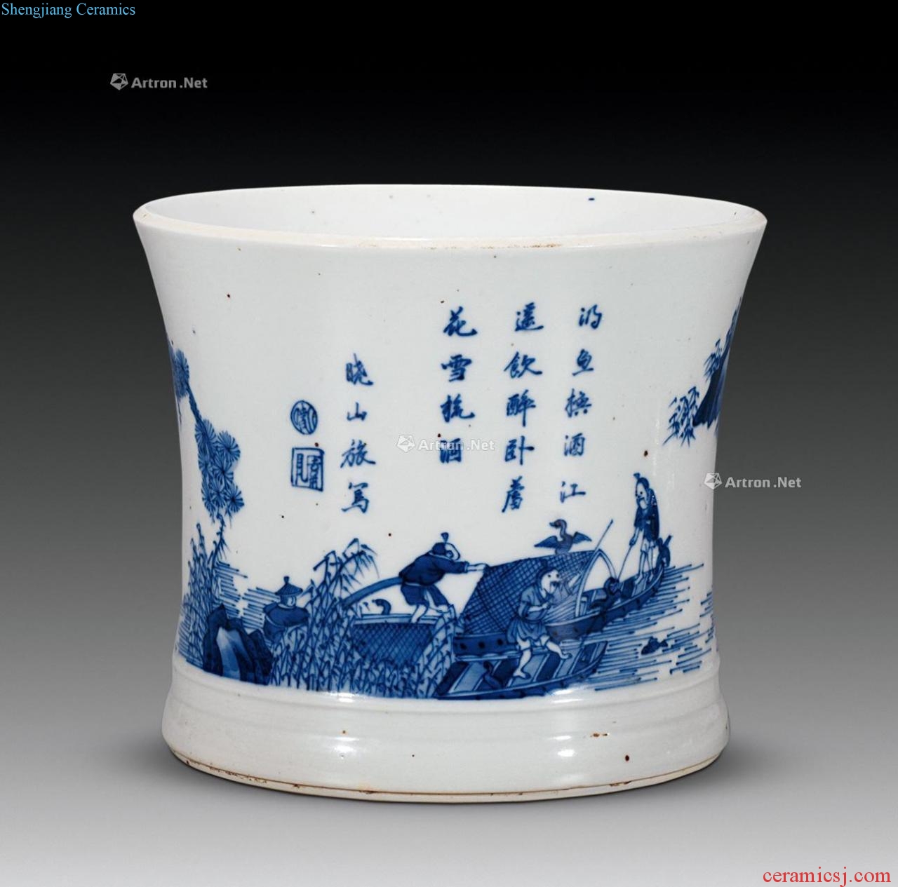 The qing emperor kangxi Loins XiaoShan painted blue and white fish le pen container