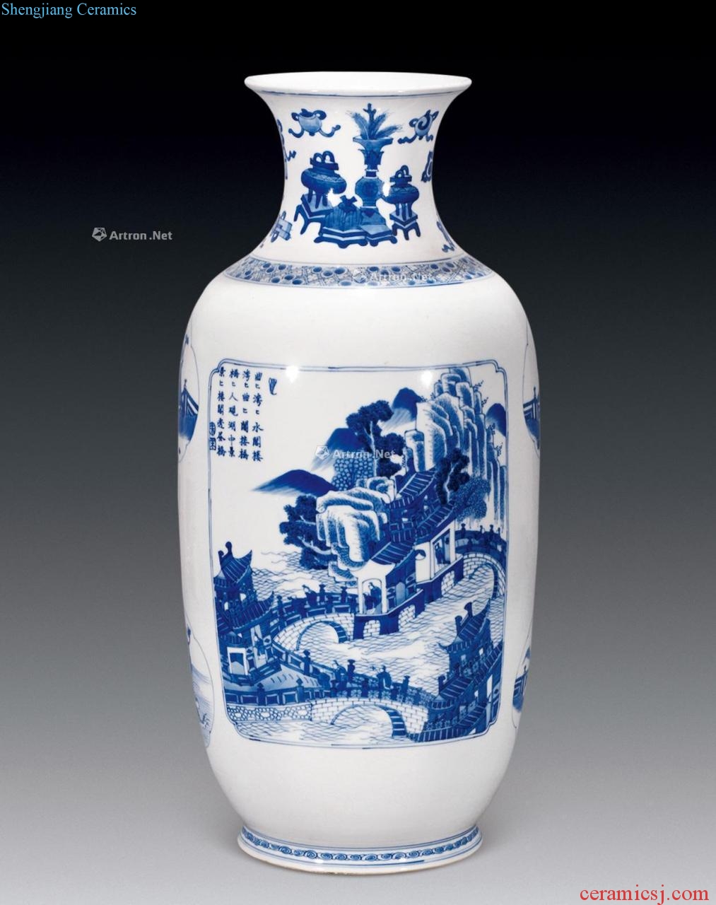 The qing emperor kangxi Blue and white castle in the dark grain antique bottles