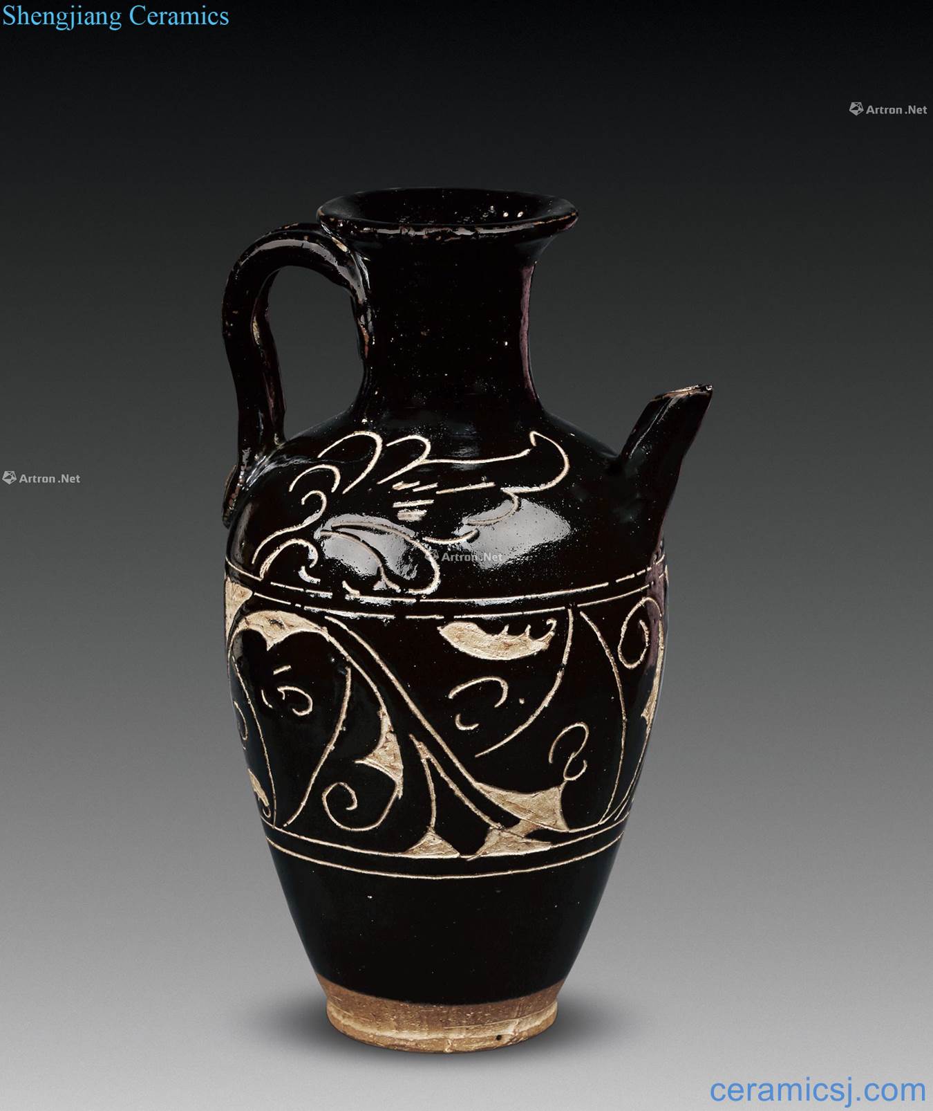 gold Black glaze magnetic state kiln carved flowers ewer (a)