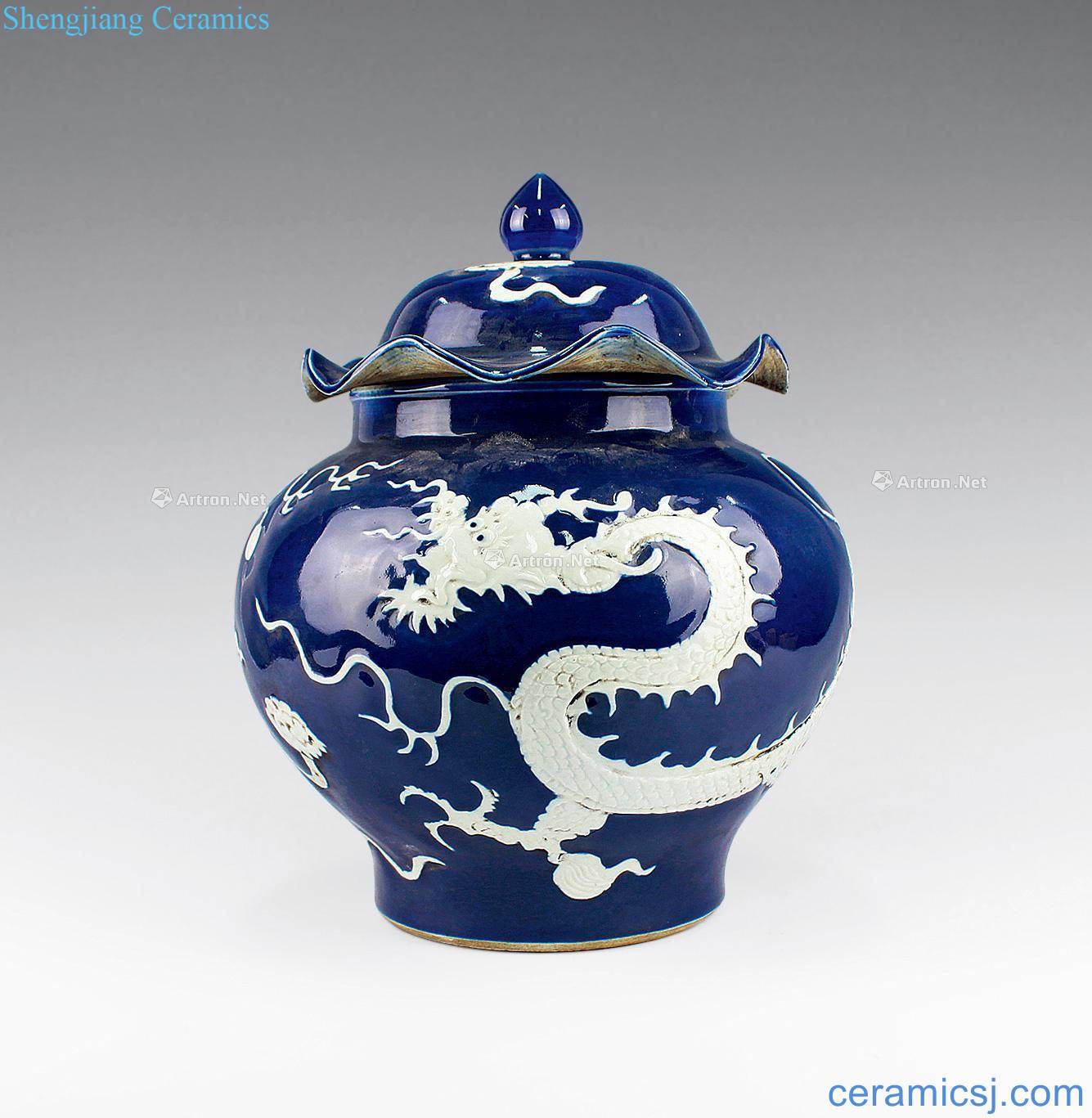 yuan Ji blue glaze white dragon grain lotus leaf cover tank