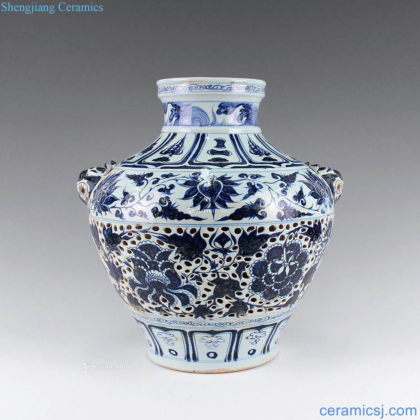 yuan Blue and white beast ear hollow out bound peony grain big pot