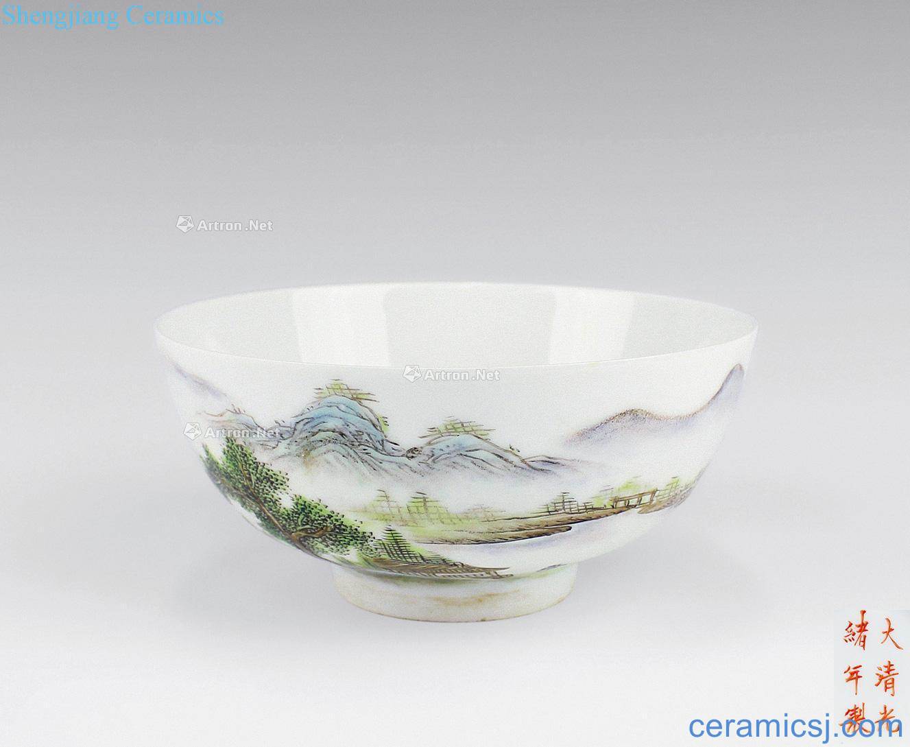Clear pastel landscape green-splashed bowls