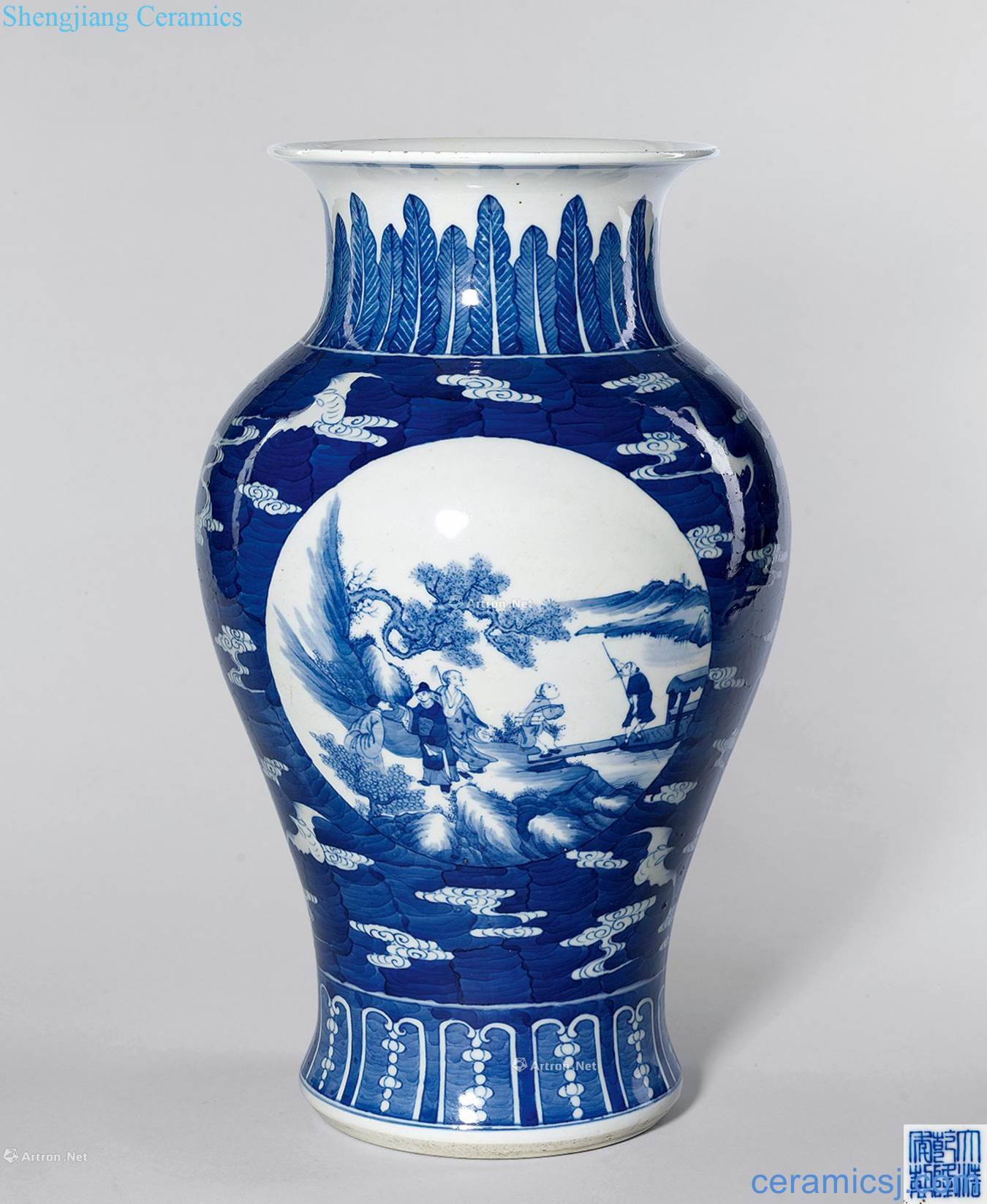 Qing dynasty blue and white window landscape pattern mouth statue