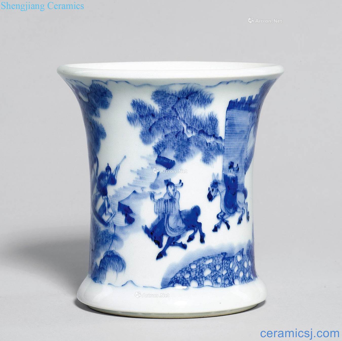 qing Blue and white landscape character poems brush pot