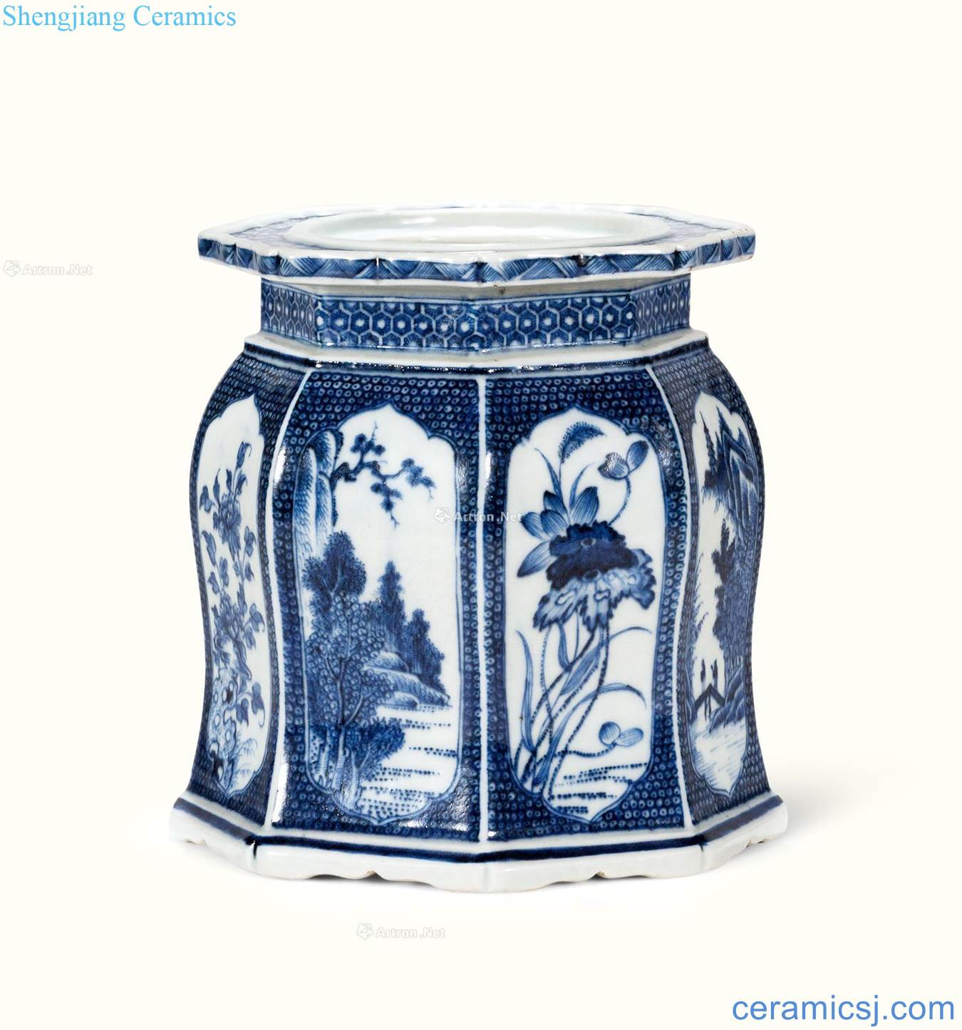 Qing dynasty blue and white brocade to medallion landscape floral print eight side seat