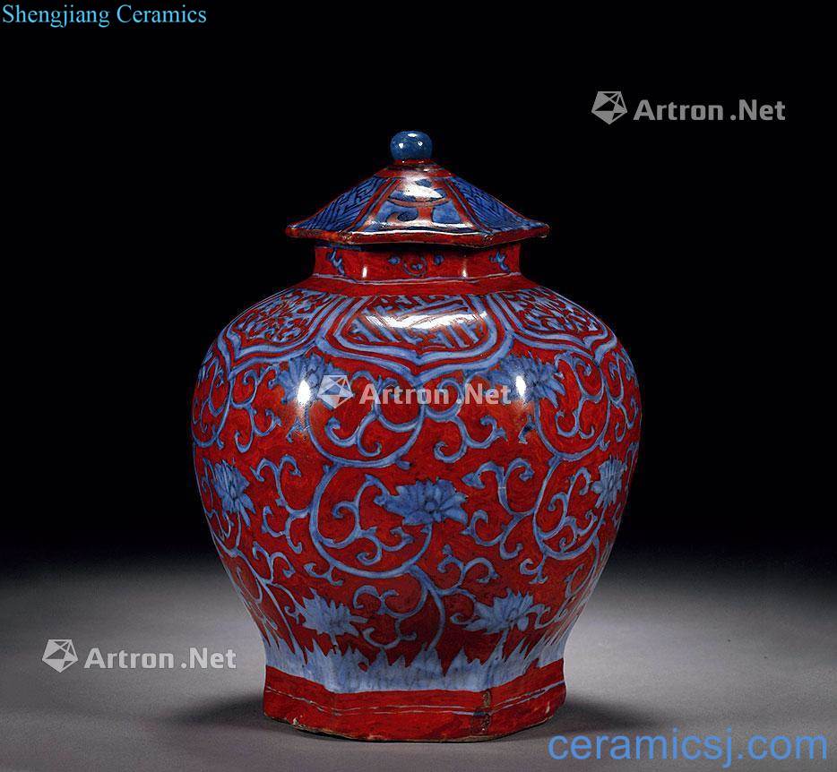 Ming wanli Cover pot with six arrises alum red to blue