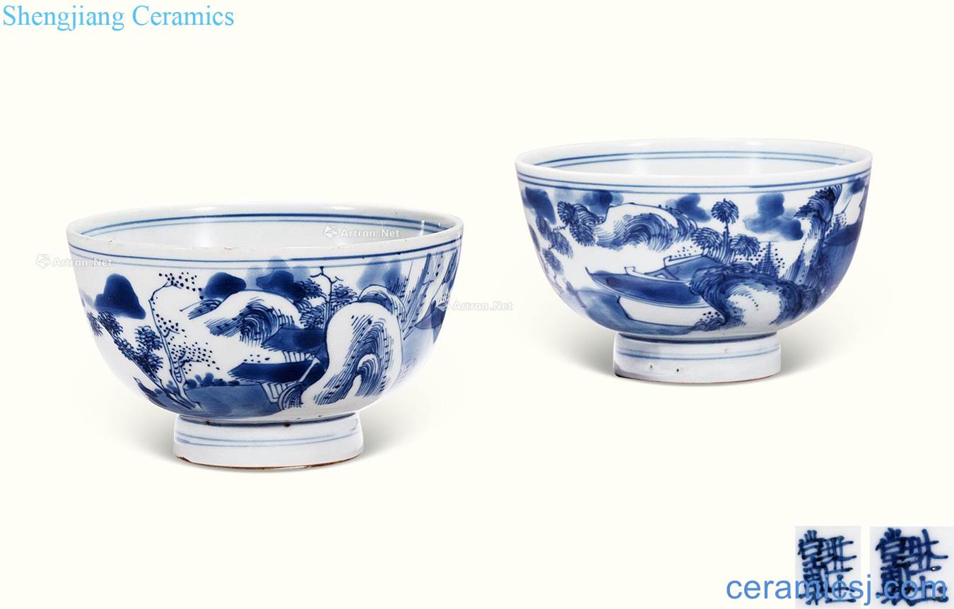 The qing emperor kangxi Blue and white landscape character figure bowl (a)