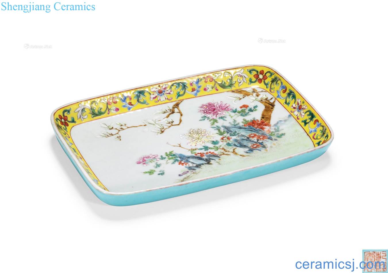 Qing qianlong to pastel yellow flower medallion figure rectangular plate CV 18 with a silver spoon in her mouth